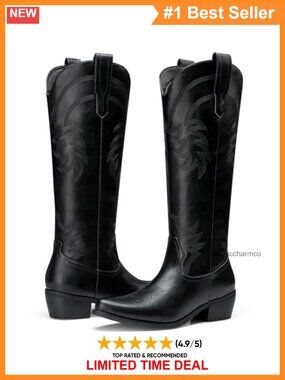 Knee High Faux Leather Western Cowboy Boots Pointed Toe Block Heel